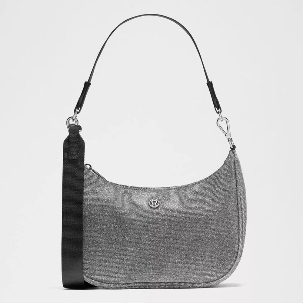 lululemon athletica Metallic Silver Crescent Shoulder Bag with Black Strap